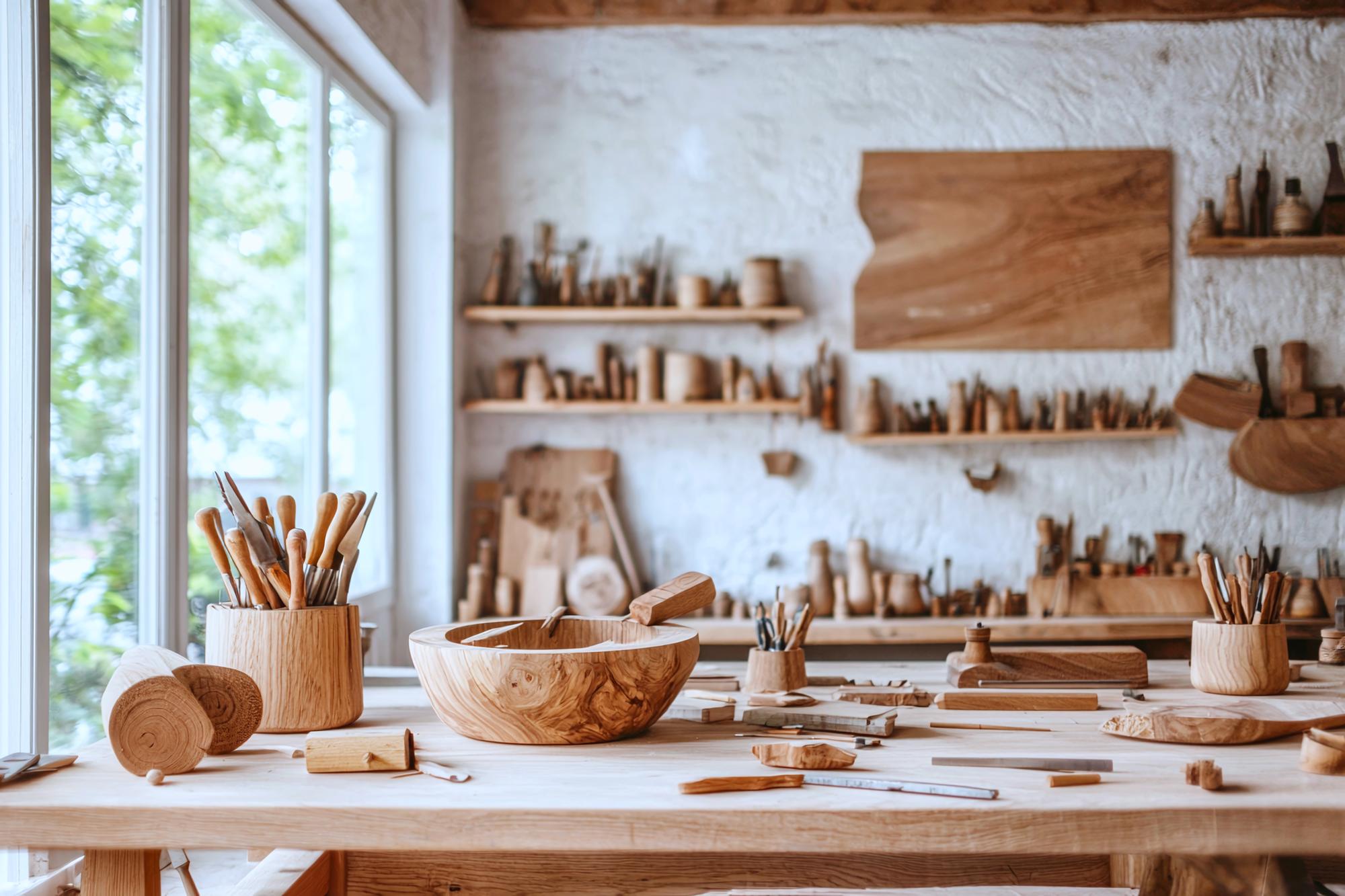 Workshop kitchen with natural light and tools